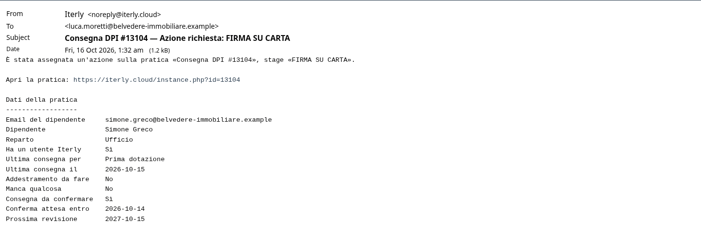 L'email di FIRMA SU CARTA all'addetto