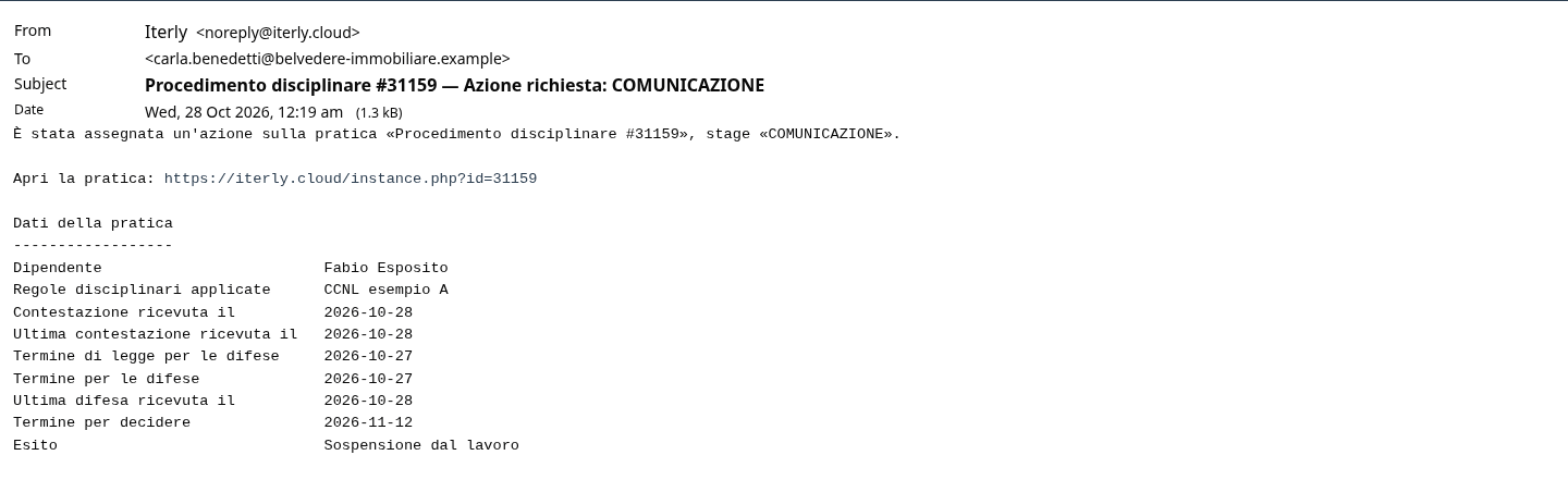 L'email all'ufficio personale: il provvedimento da consegnare
