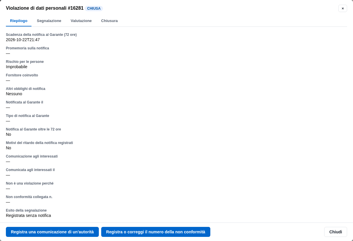 La pratica chiusa con l'esito «Registrata senza notifica»