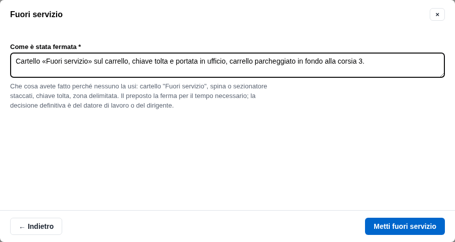 La form Fuori servizio
