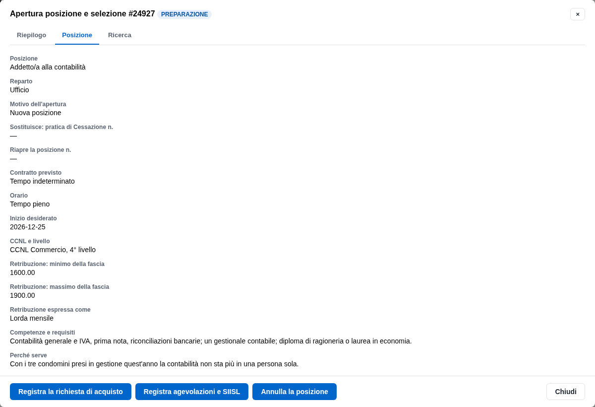 La pratica in preparazione con i soli bottoni di registrazione