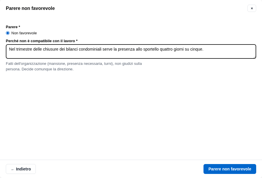 La form del parere non favorevole con il motivo