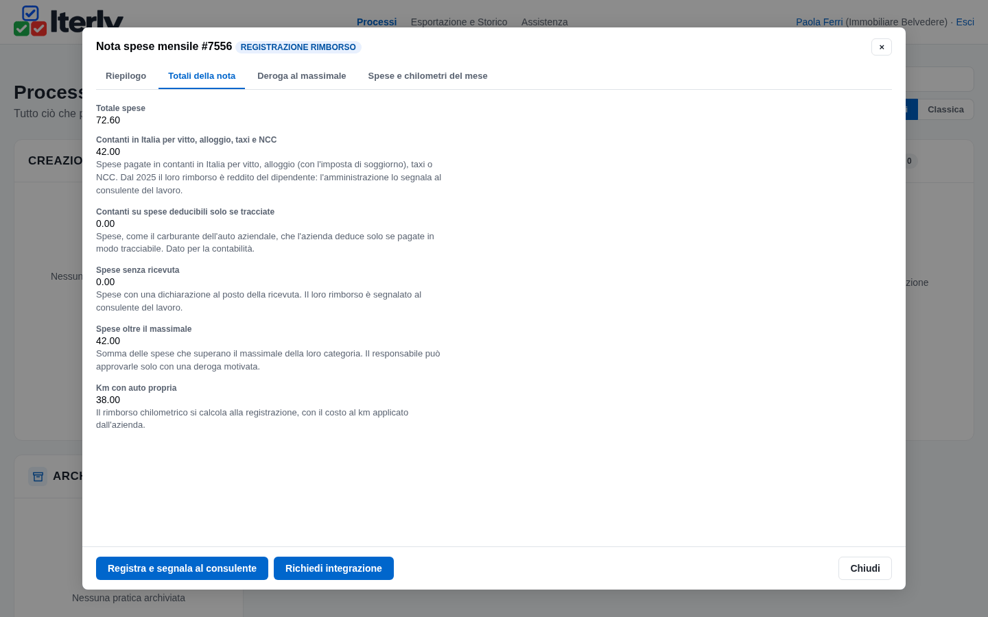 La nota in registrazione rimborso: Registra e segnala al consulente e Richiedi integrazione
