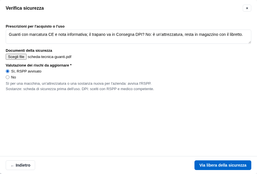 La form del via libera con prescrizioni e DVR