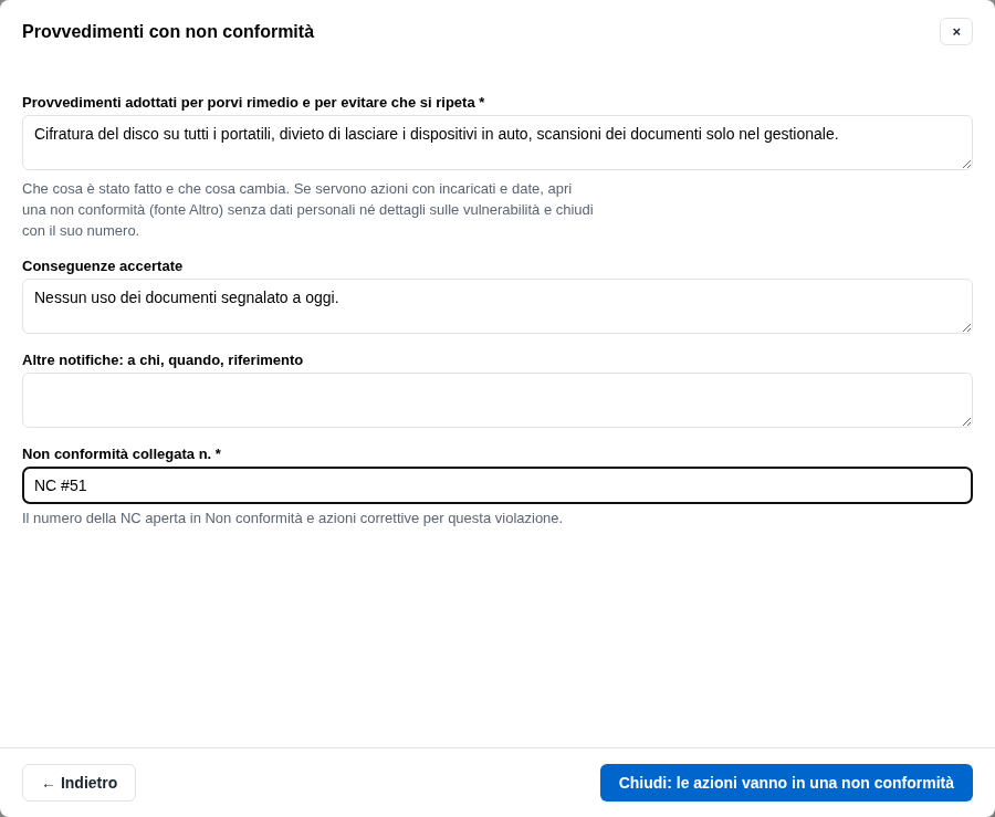 La form dei provvedimenti con il numero della non conformità