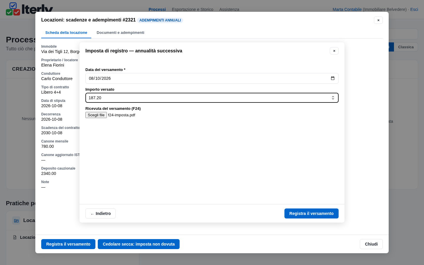 La form dell'imposta di registro compilata