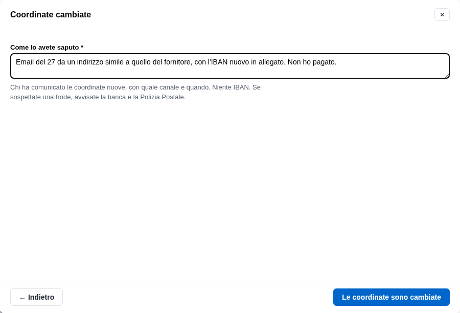 La segnalazione delle coordinate cambiate