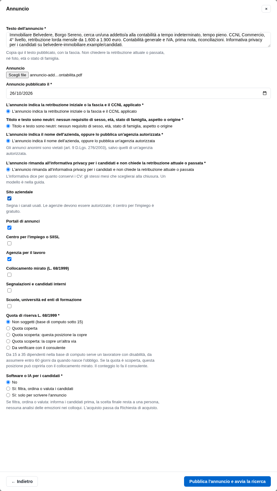 La form dell'annuncio con le conferme, i canali, la quota L. 68 e l'IA