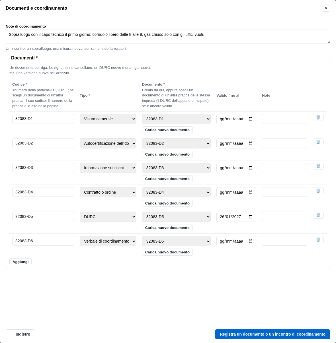 La form del coordinamento con la griglia dei documenti