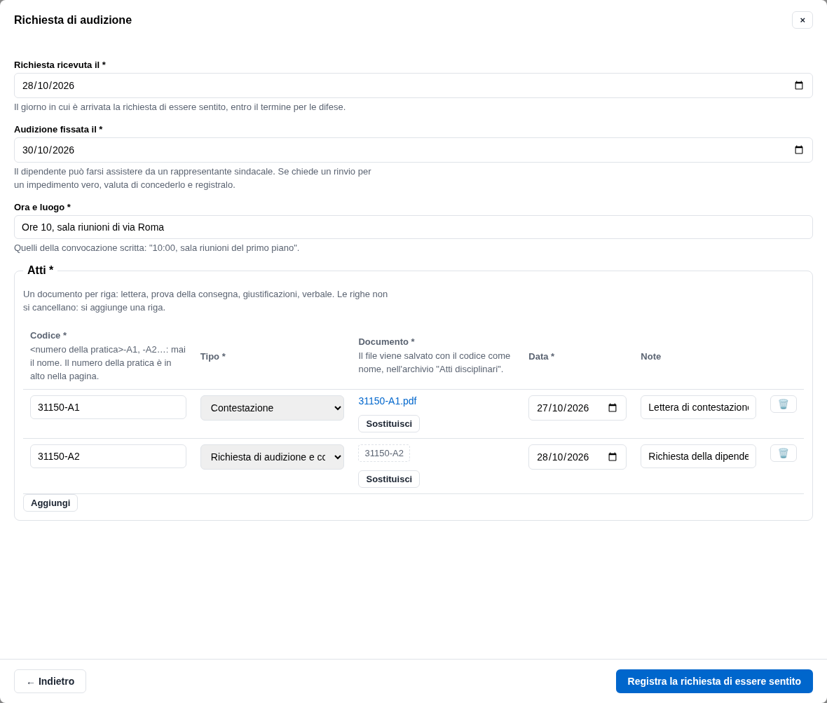 La form della richiesta di audizione con le date, l'ora e il luogo