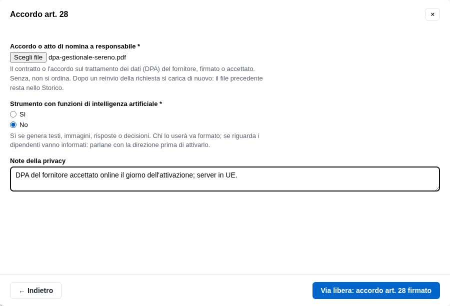 La form dell'accordo art. 28 con l'allegato e la scelta sull'IA