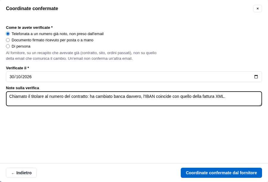 La conferma delle coordinate