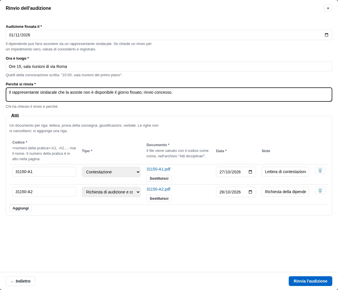 La form del rinvio con la nuova data e il motivo