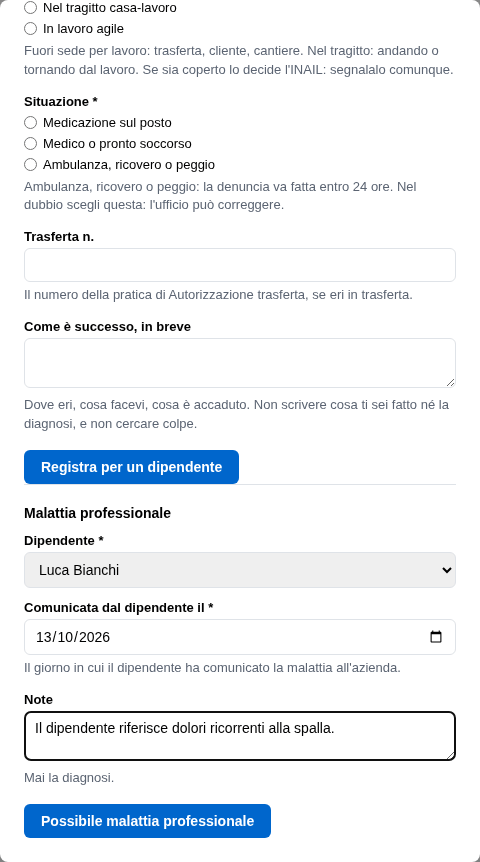 La form di registrazione della malattia professionale