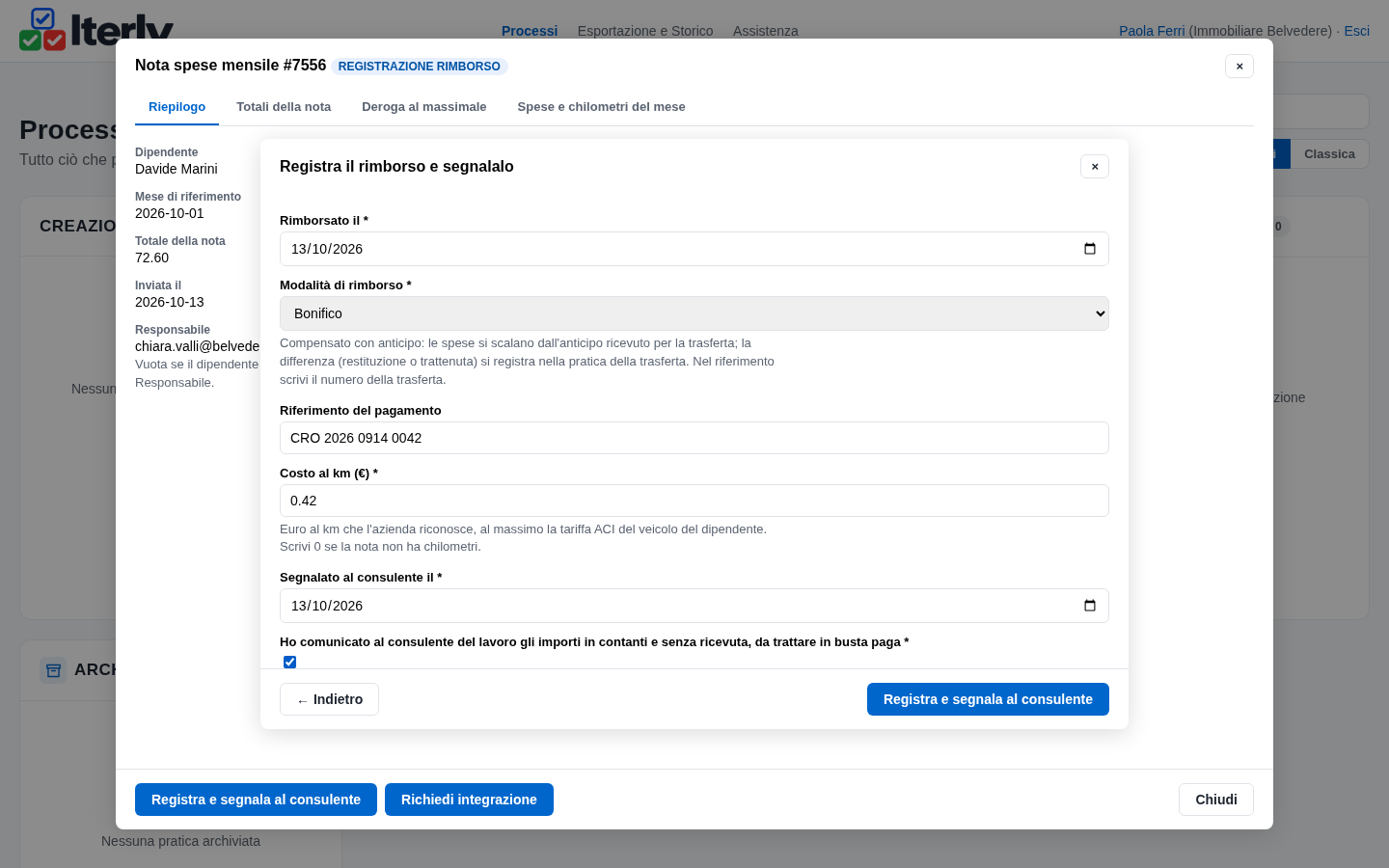 La form Registra il rimborso e segnalalo compilata, con costo al km e conferma della segnalazione