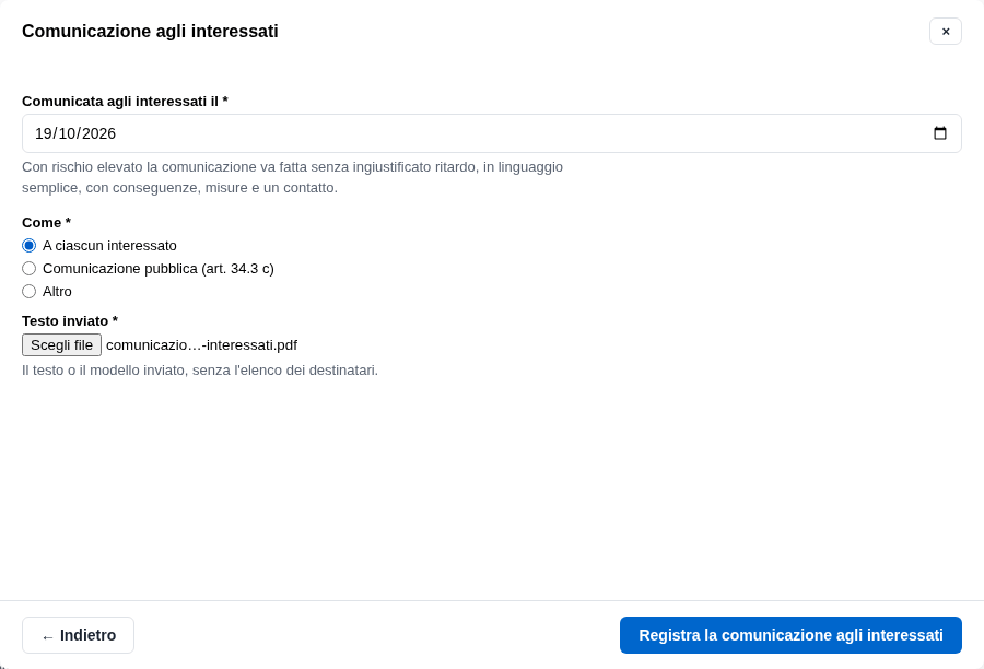 La form della comunicazione con il testo allegato