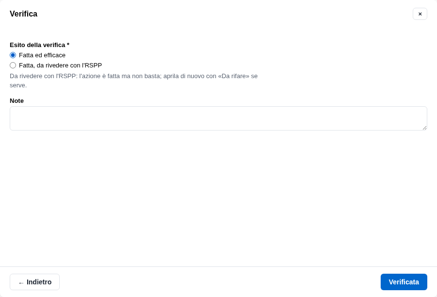 La form di verifica con l'esito