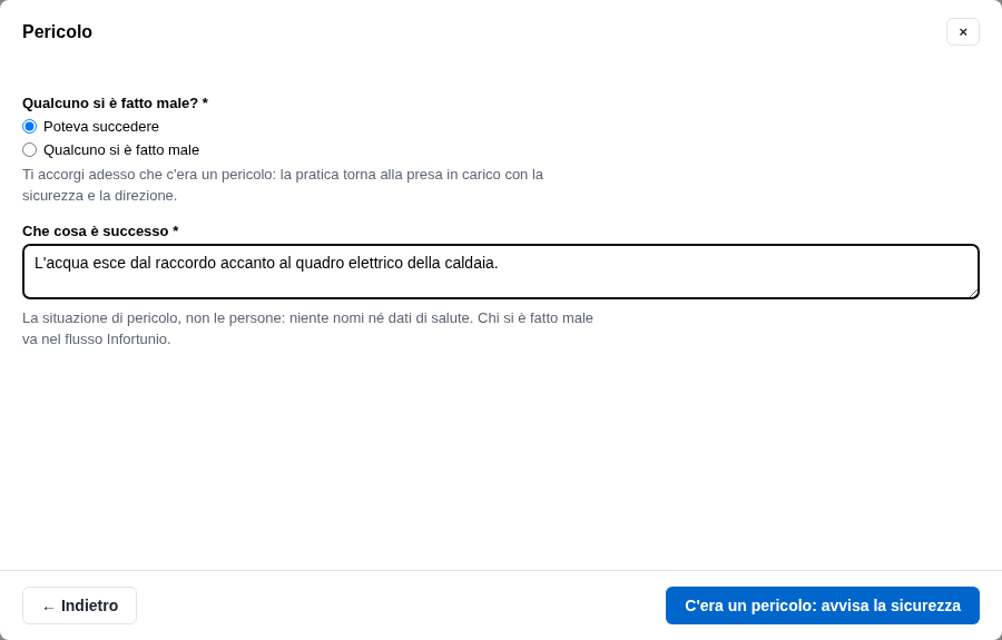 La form Pericolo dalla lavorazione