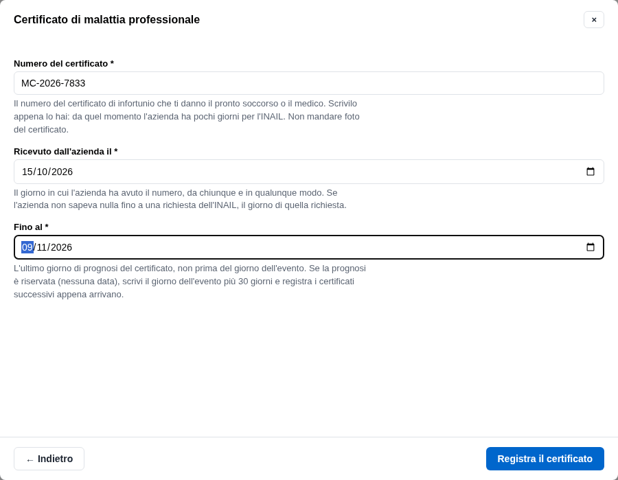La form del certificato di malattia professionale
