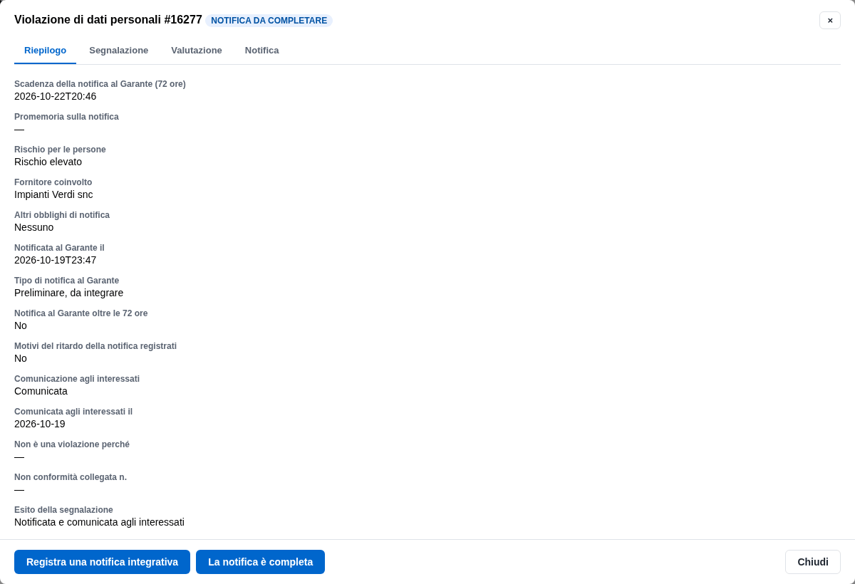 La pratica in Notifica da completare con i bottoni