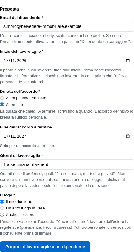 La form della proposta con l'email del dipendente e le date