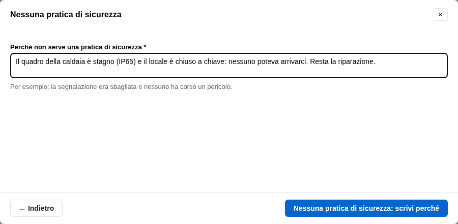 La form Nessuna pratica di sicurezza