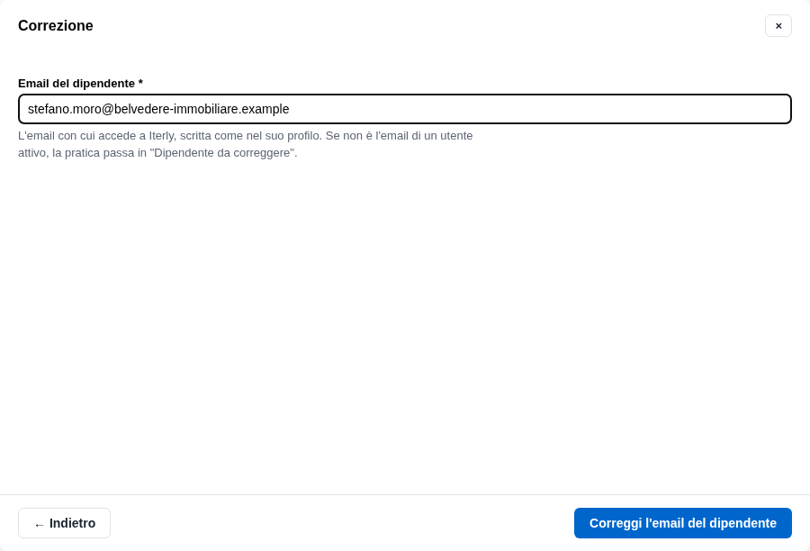 La form della correzione con l'email del dipendente