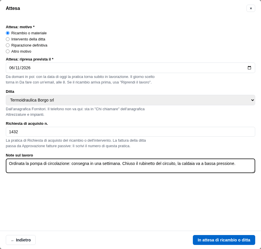 La form Attesa con la data di ripresa