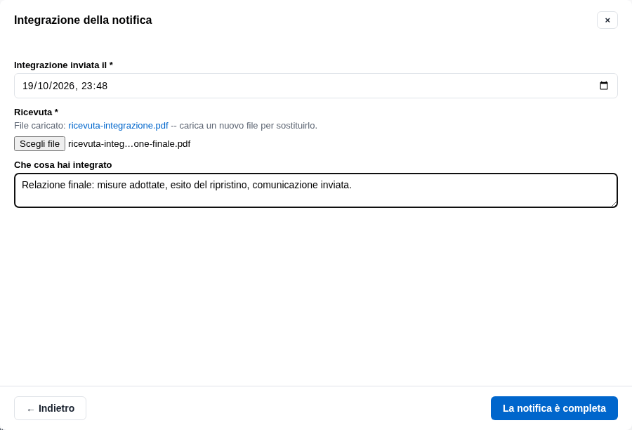 La form della notifica completa