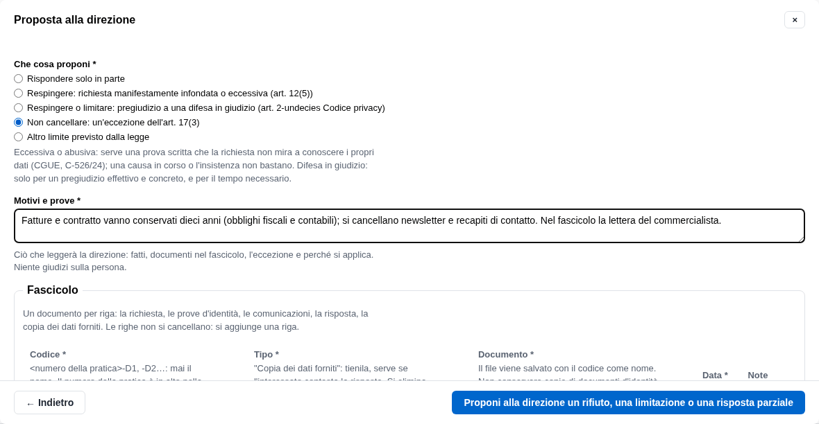 La form della proposta alla direzione con il tipo e i motivi