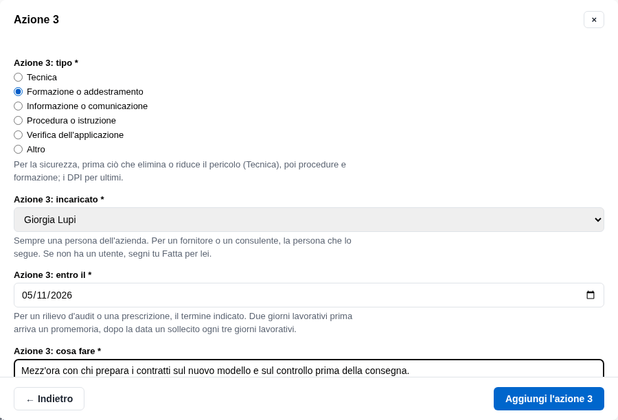 La form dell'azione 3 aggiunta