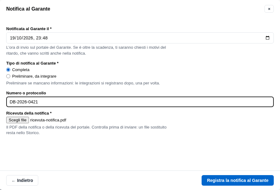 La form della notifica registrata dopo la scadenza