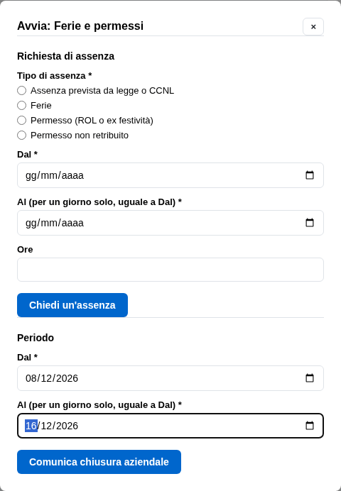 La form di comunicazione della chiusura aziendale con le date