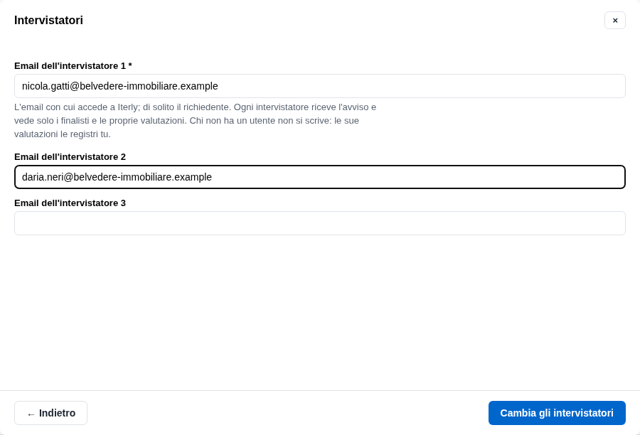 La form con le email degli intervistatori