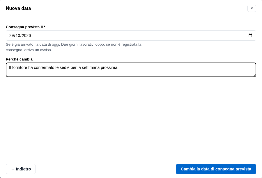 La form della nuova data di consegna