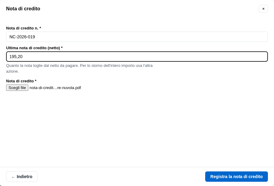 La nota di credito con il file