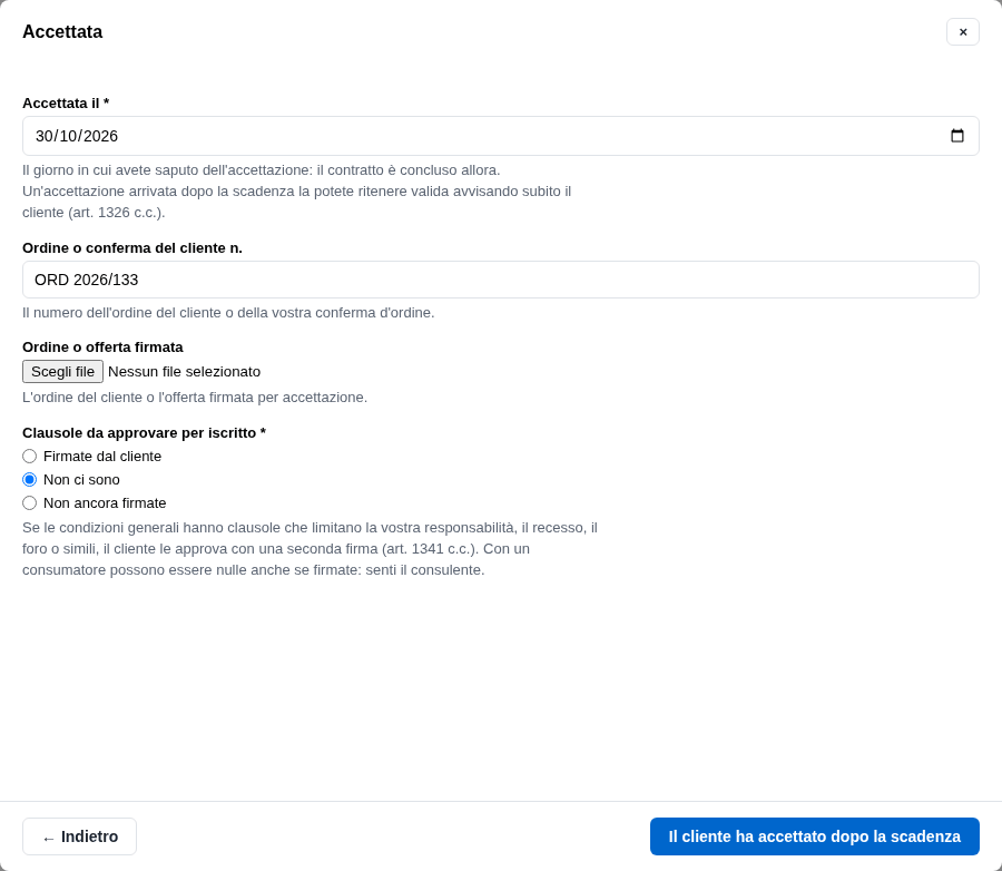 La form dell'accettazione tardiva
