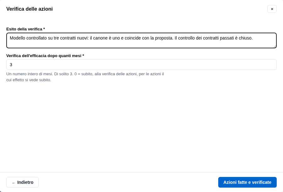 La form della verifica delle azioni con i mesi dell'efficacia