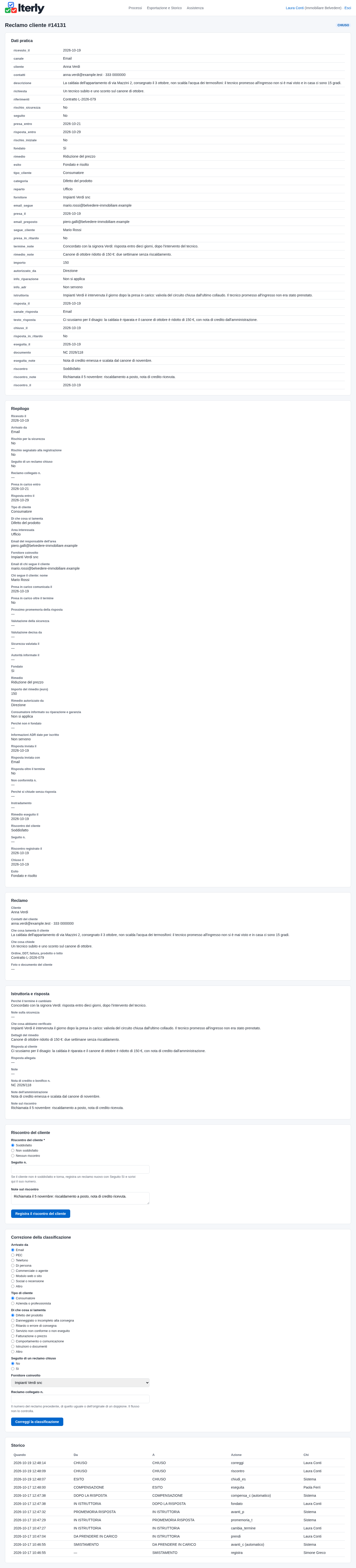 La pagina della pratica con lo Storico e i dati
