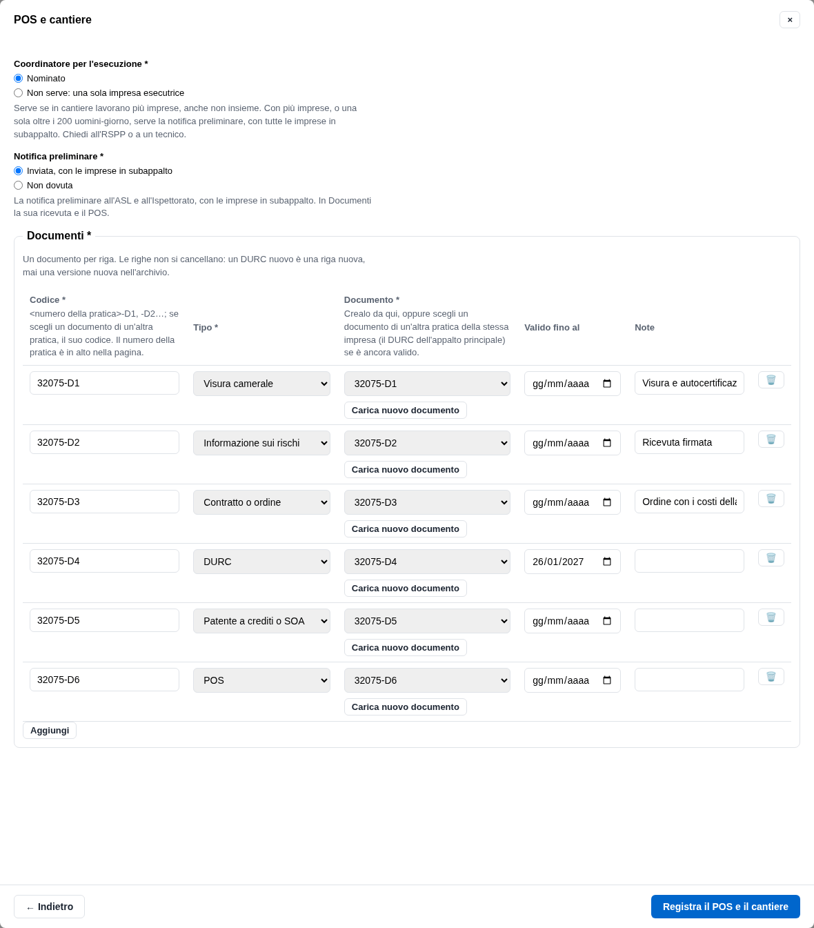 La form del POS con coordinatore e notifica