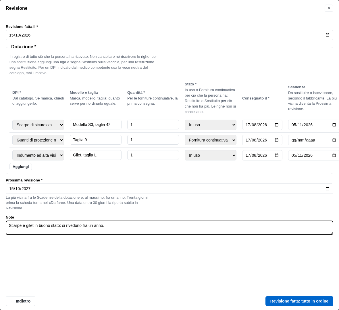 La form della revisione con la prossima data