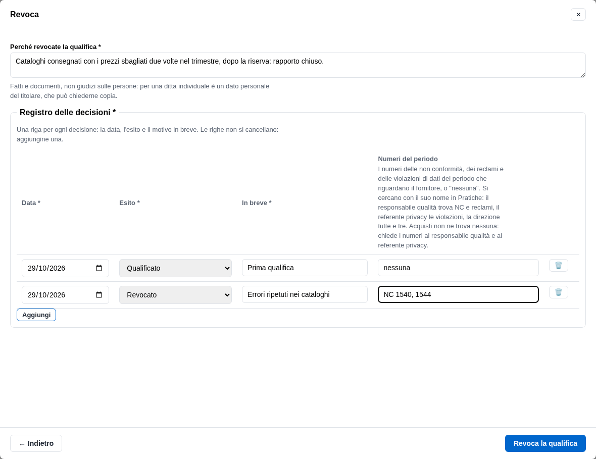 La form della revoca con il motivo e il registro