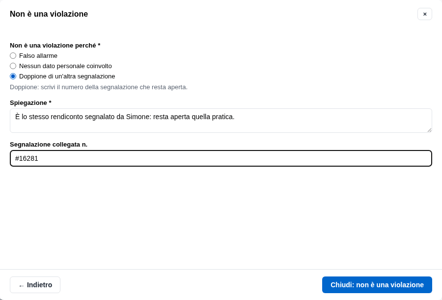 La form di chiusura come doppione con il numero collegato