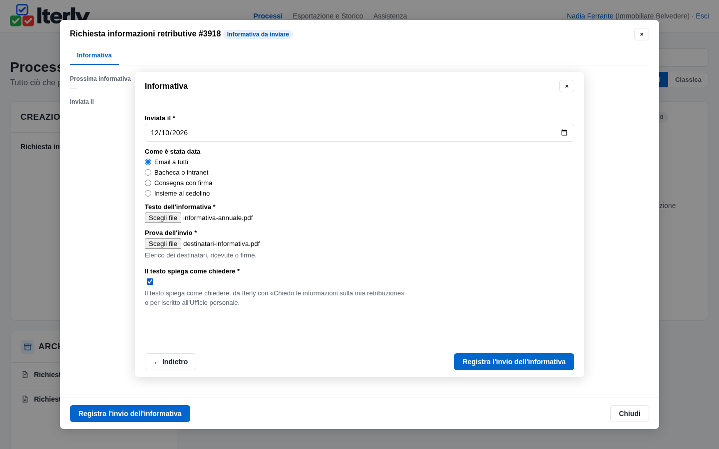La form dell'informativa con data, modo, testo e prova