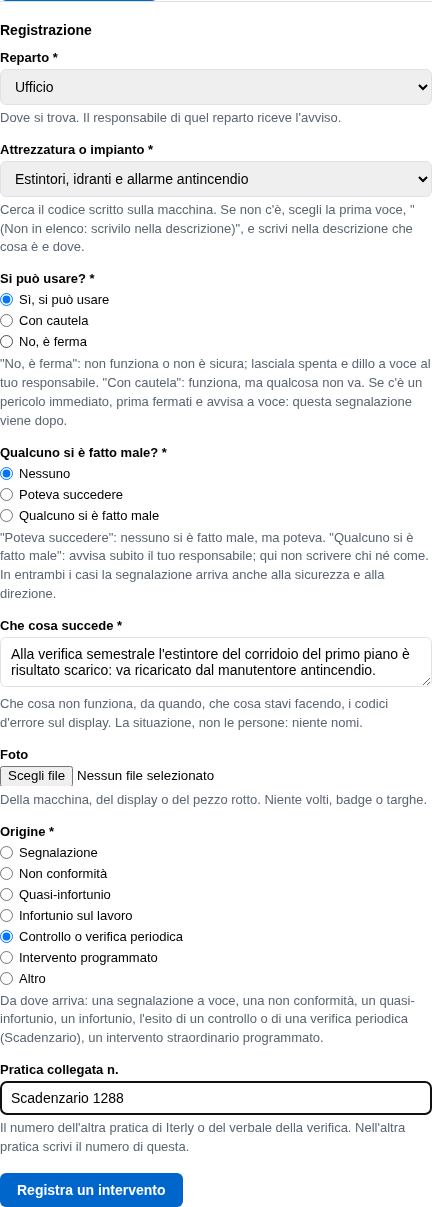 La form Registra un intervento con l'origine