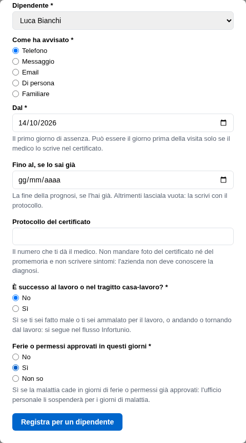 La form di registrazione dall'ufficio