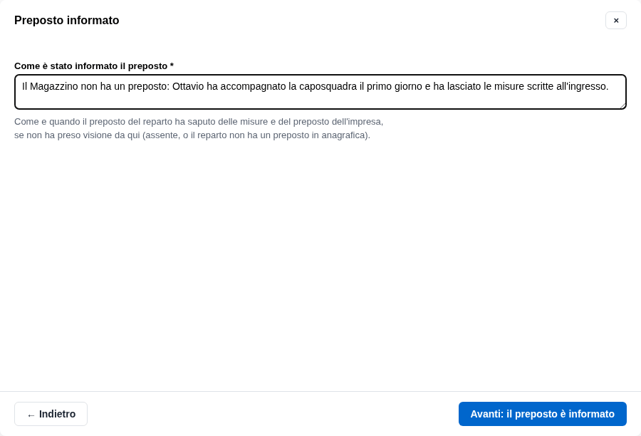La form Avanti: il preposto è informato