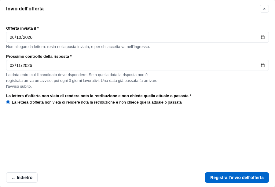 La form dell'invio dell'offerta con la data del controllo