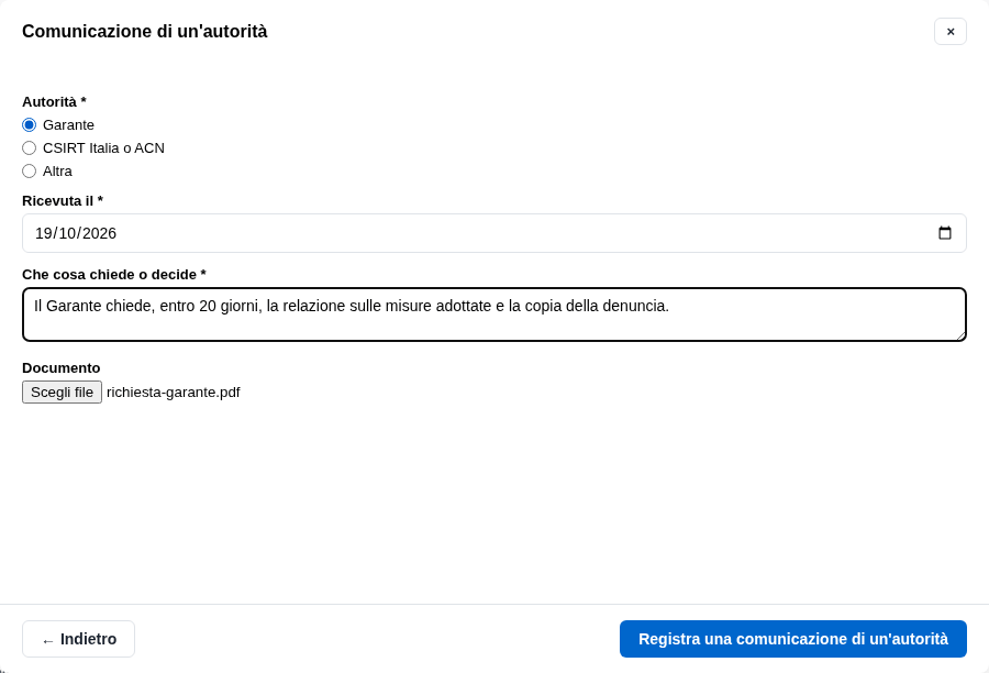 La form della comunicazione del Garante in archivio