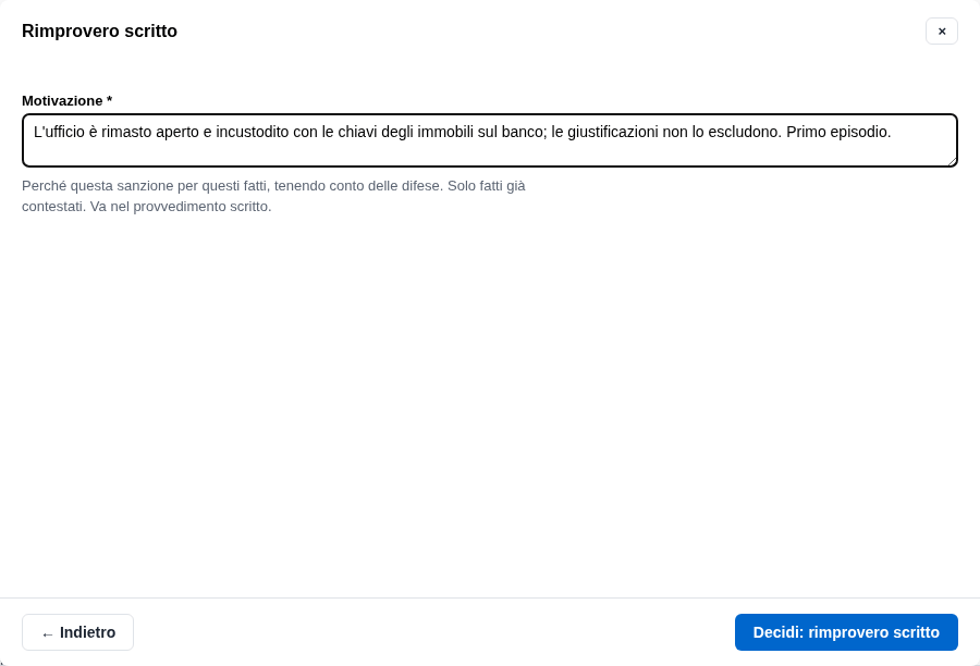La form del rimprovero scritto con la motivazione